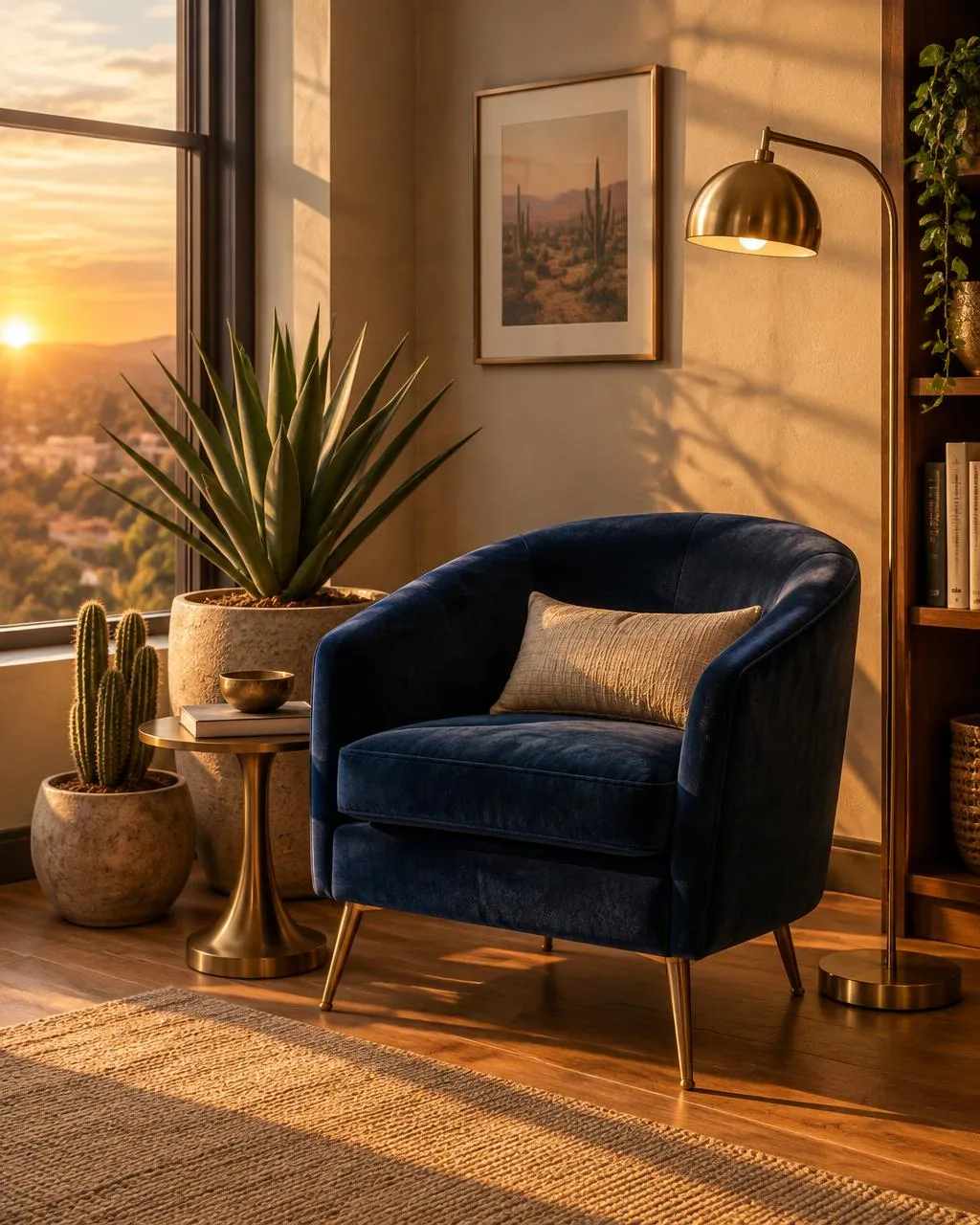 Calm small-office corner with a navy armchair, gold lamp and desert plants in golden-hour light