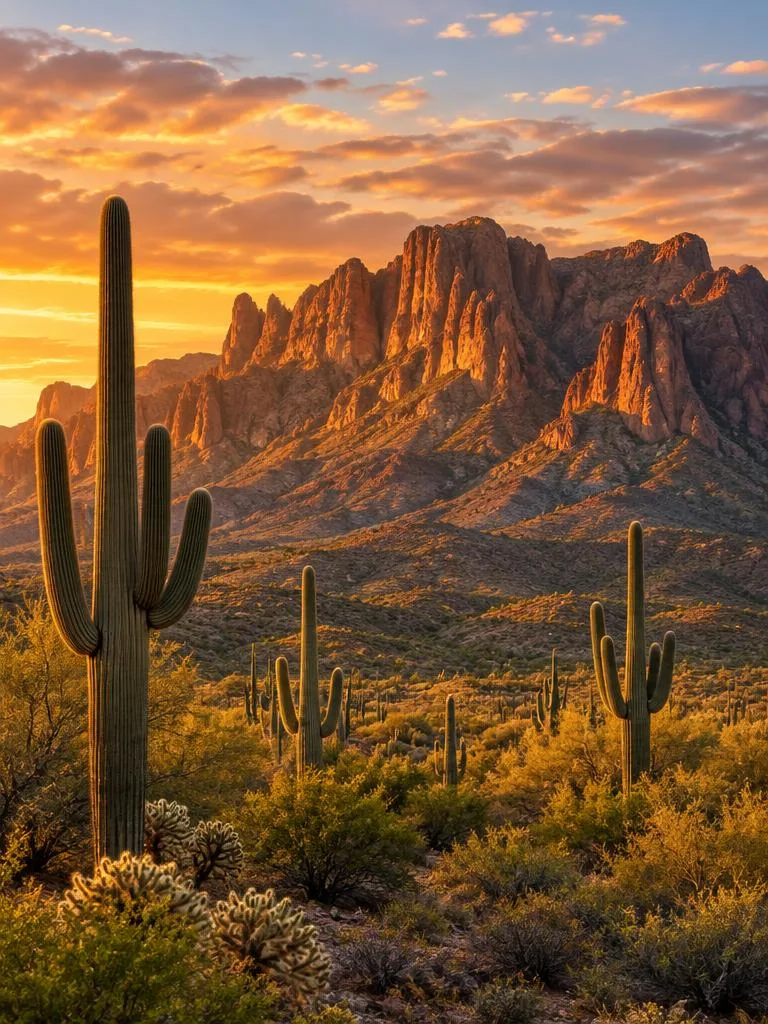 Superstition Mountains at golden hour with saguaro cacti near Apache Junction