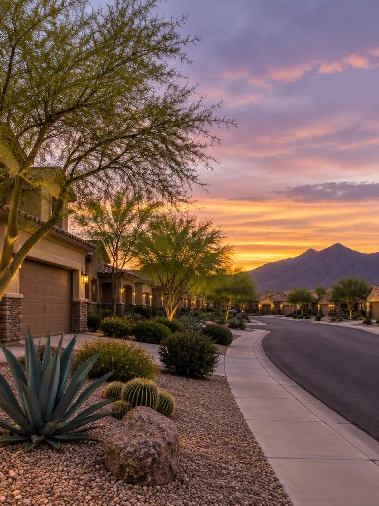 Quiet East Valley neighborhood with desert landscaping at dusk in Gilbert