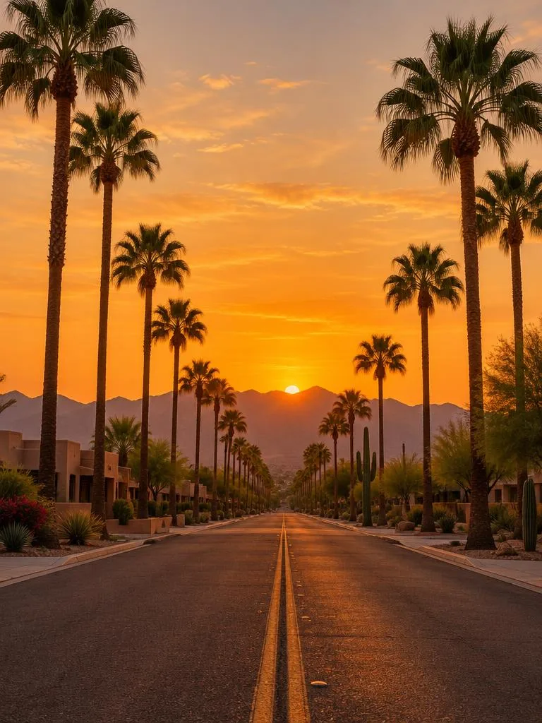 Palm-lined Arizona street at sunset in Mesa