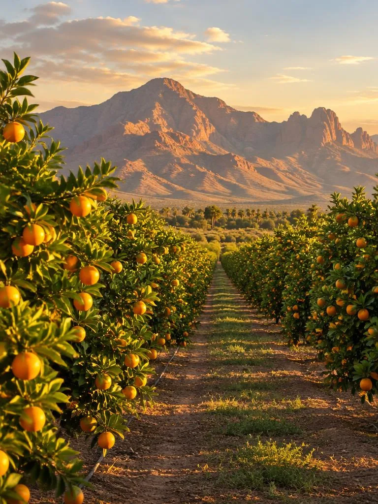 Citrus orchard rows with mountains behind in Queen Creek