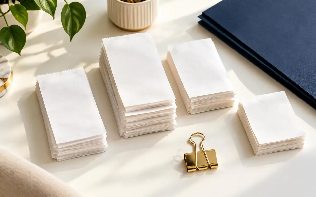 Neatly sorted blank receipts on a bright desk with a gold binder clip