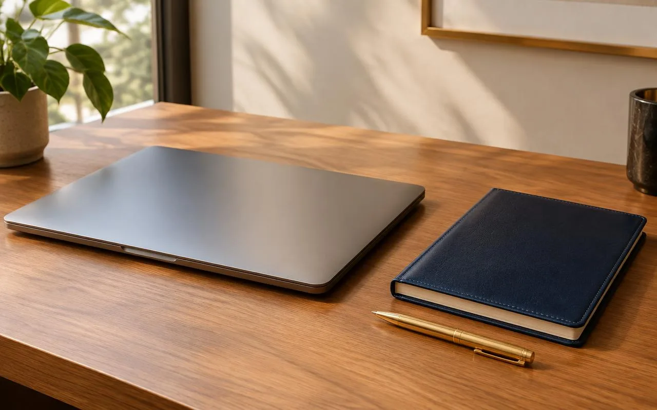 Closed laptop beside a navy ledger and gold pen on a wooden desk