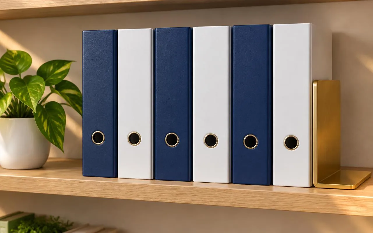 Tidy navy and white finance binders on a shelf