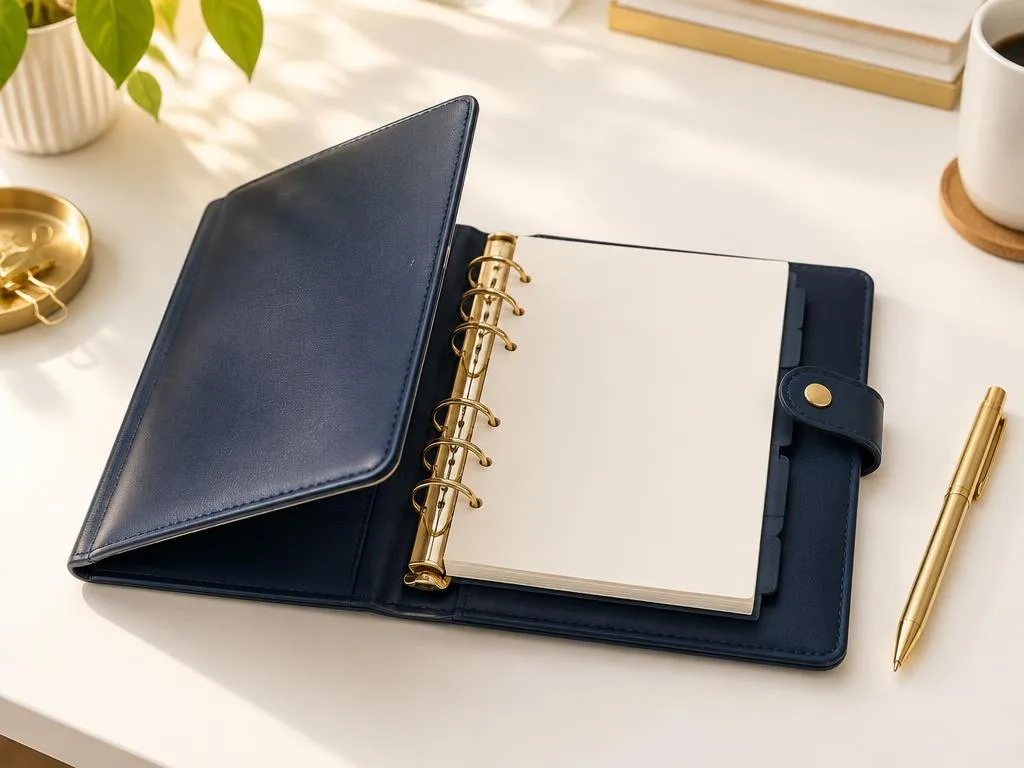 Blank navy ring-binder tax organizer with a gold pen