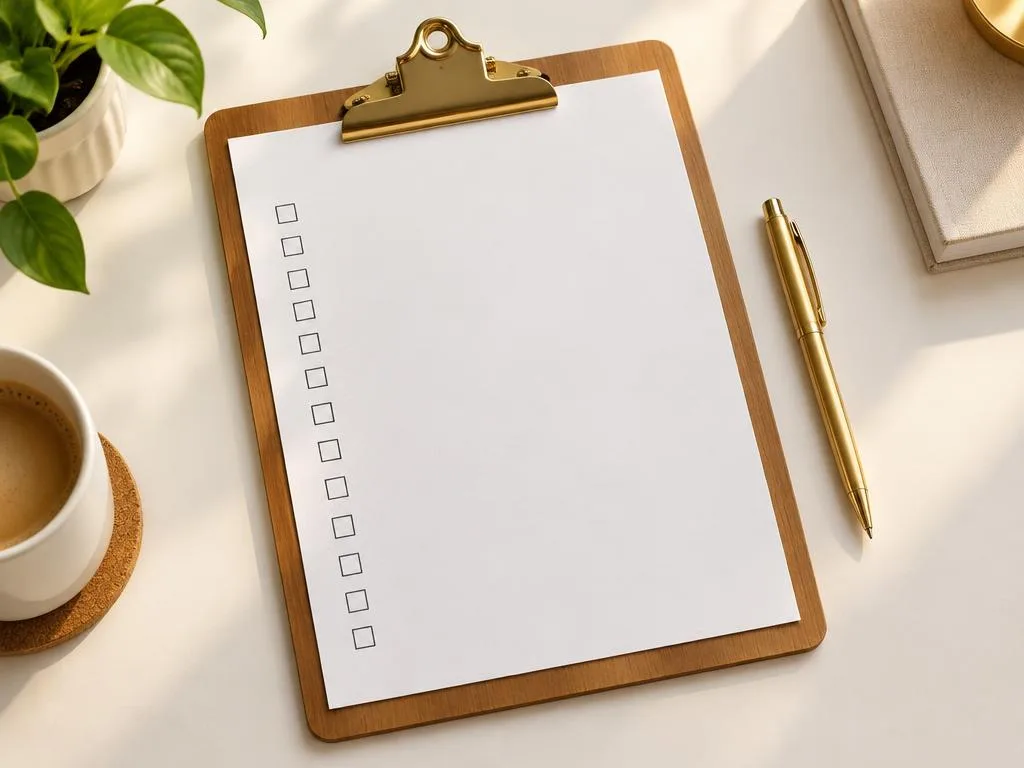 Blank checklist on a wooden clipboard beside a gold pen