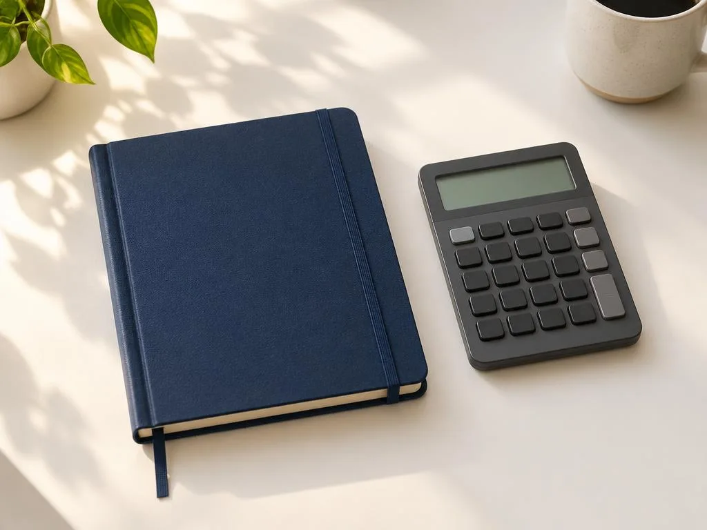 Navy expense notebook next to a calculator on a bright desk