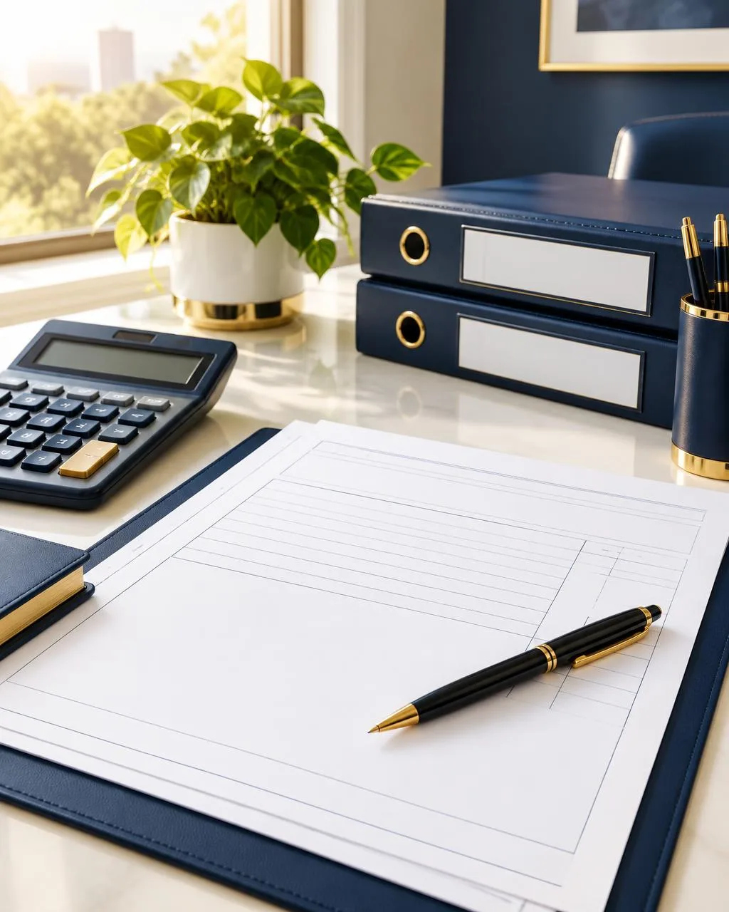 Tax-season desk with calculator, pen, blank forms and navy binders in warm window light