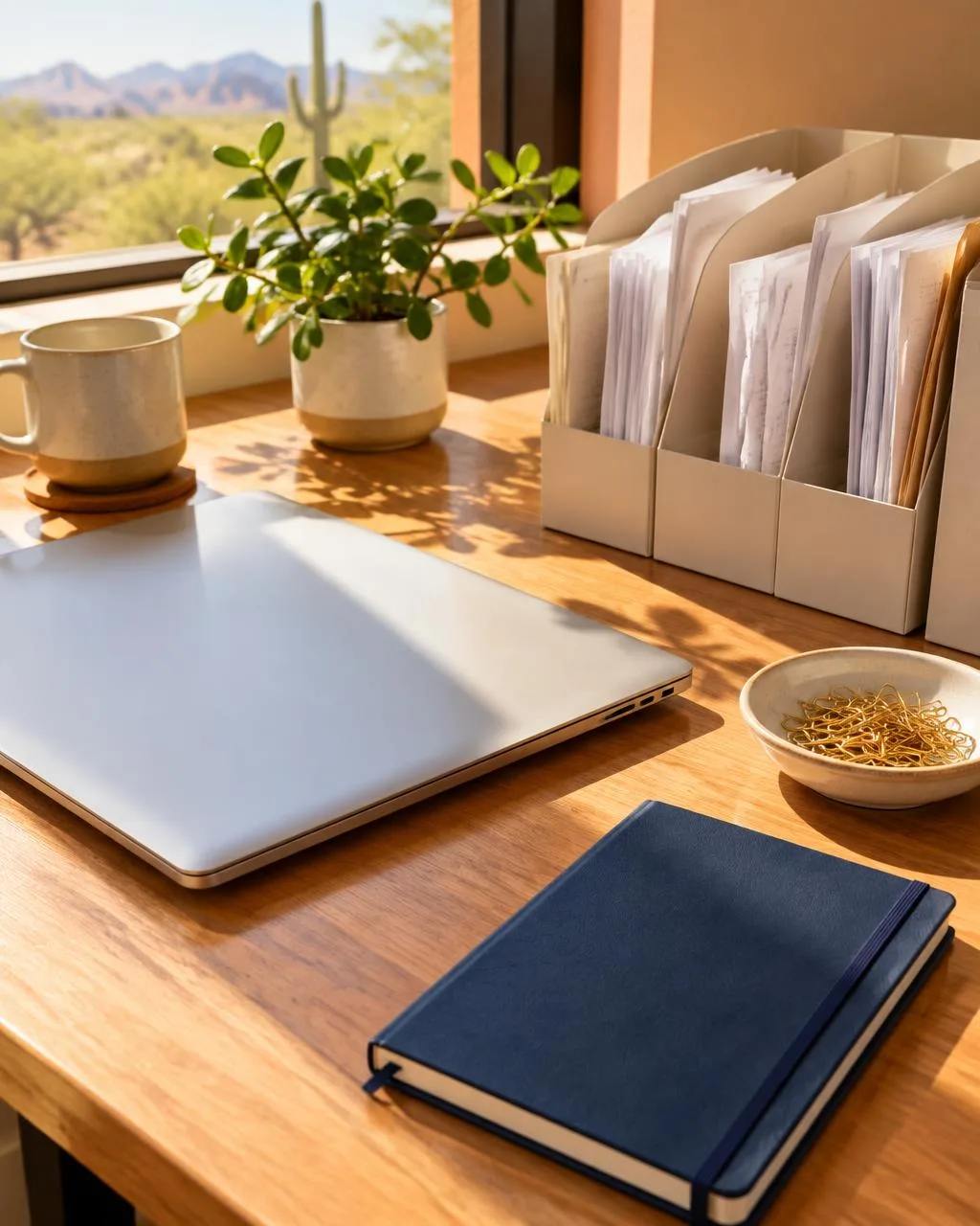Neat bookkeeping workspace with a closed laptop, sorted receipts and a navy notebook
