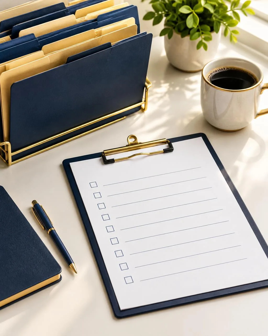 Organized navy and gold file folders beside a blank checklist clipboard and coffee